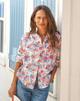 EIleen Relaxed Button Up Shirt Pink and Red with Blue Flowers