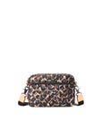 Leopard print handbag with black accents on a light gray background