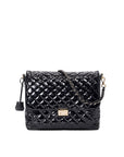 Black quilted handbag on a white background