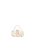 Small cream-colored handbag with floral patterns on a white background