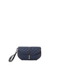 Blue quilted handbag on a white background
