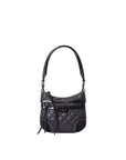 Black quilted handbag with decorative elements on a white background