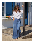 Madeline Patch Pocket Pull on Pant Distressed Indigo Denim - Flare & Wide Leg Frank & Eileen
