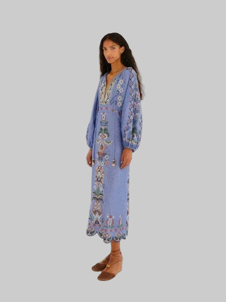 Garden Tapestry Long Sleeve Midi Dress Blue Embroidery Peter Kate Garden Tapestry Long Sleeve Midi Dress Blue Embroidery Peter Kate