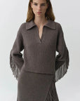 Natalia Collared Fringe Sweater Mushroom Melange Sweater - Polo Simkhai