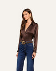 Tyler Long Sleeve Silk Blouse Dark Java Tops - Blouses L'Agence