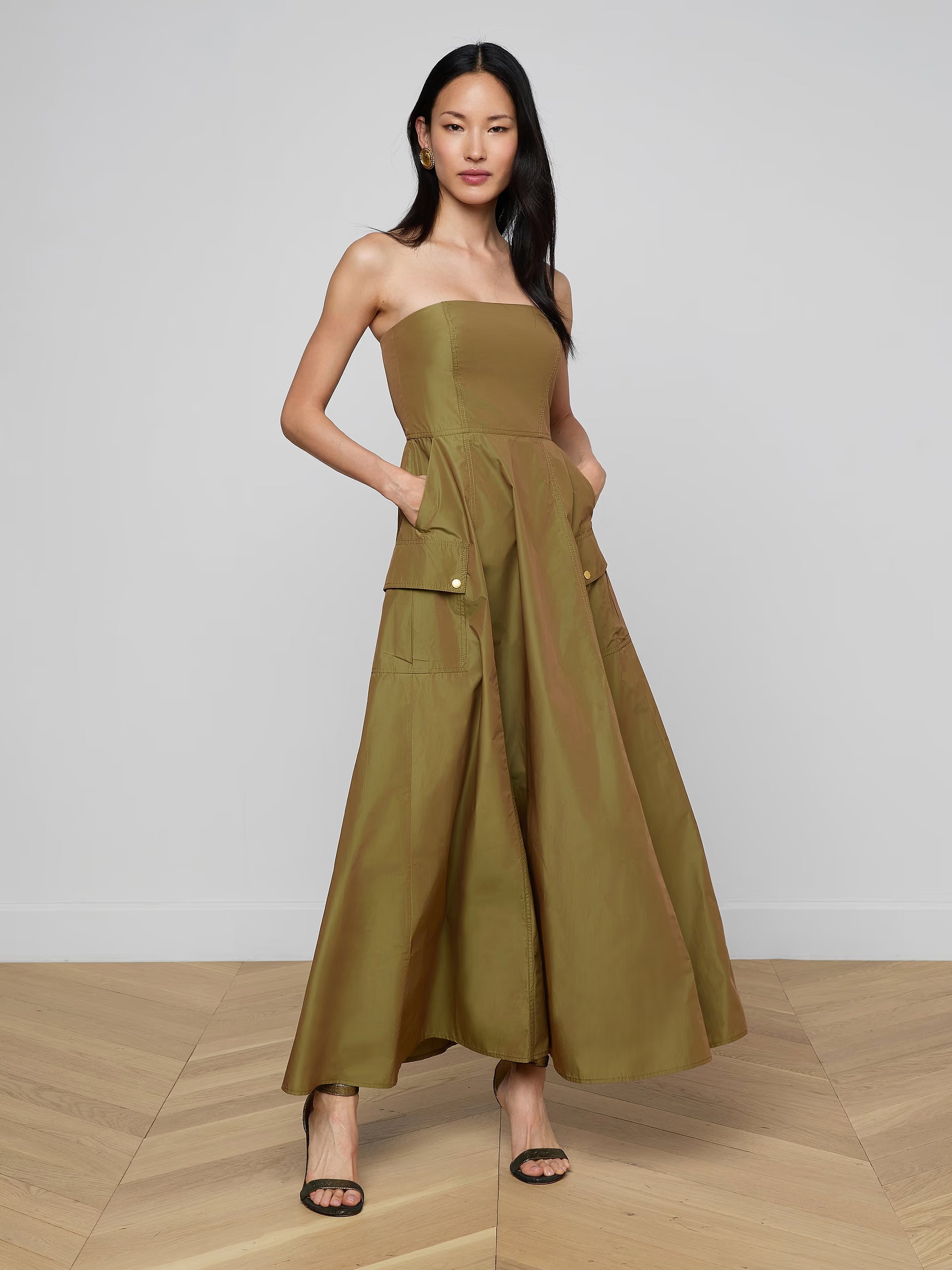 olive green strapless maxi dress Olive Green Strapless Ruched Mesh Maxi Dress