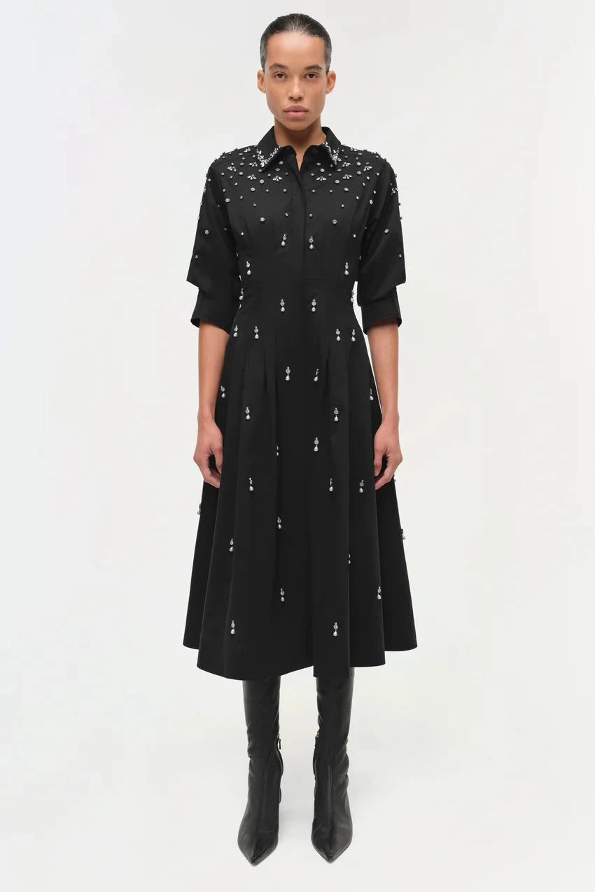 black midi embellished dress Delores Black Embellished Midi Dress with Flute Sleeves – Frock and Frill