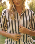 Waverly NYC Button Down Wide Black with Tan Stripe Tops - Button Down Frank & Eileen