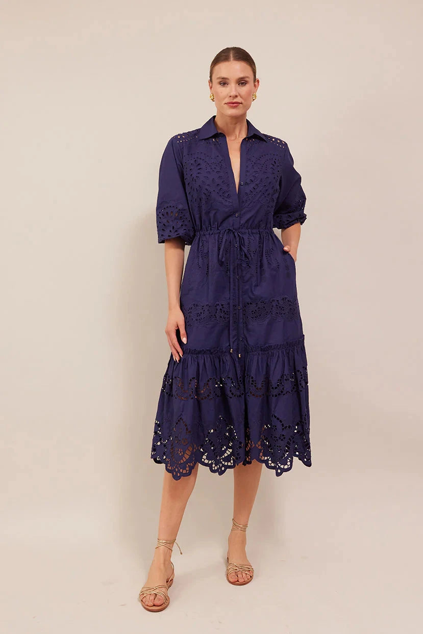 マメ Embroidered Cuffs A-Line Dress navy Embroidered Cuffs A-Line Dress - navy - Mame Kurogouchi