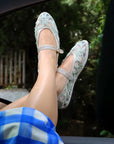 Pierre Lace Mary Jane Green Sandals - Flat Sandals Flabelus
