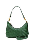Green woven handbag with gold accents on a white background