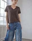 Short Sleeve Back Seam V-Neck Espresso Tops - Tees Lilla P