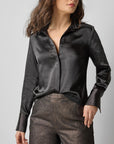 Satin Button Down Black Tops - Button Down Lilla P