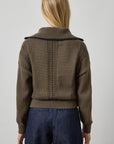 Contrast Collar Zip Cardigan Olive Sweater - Cardigans Lilla P