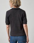 Elbow Sleeve Collared Split Neck Tee Black
