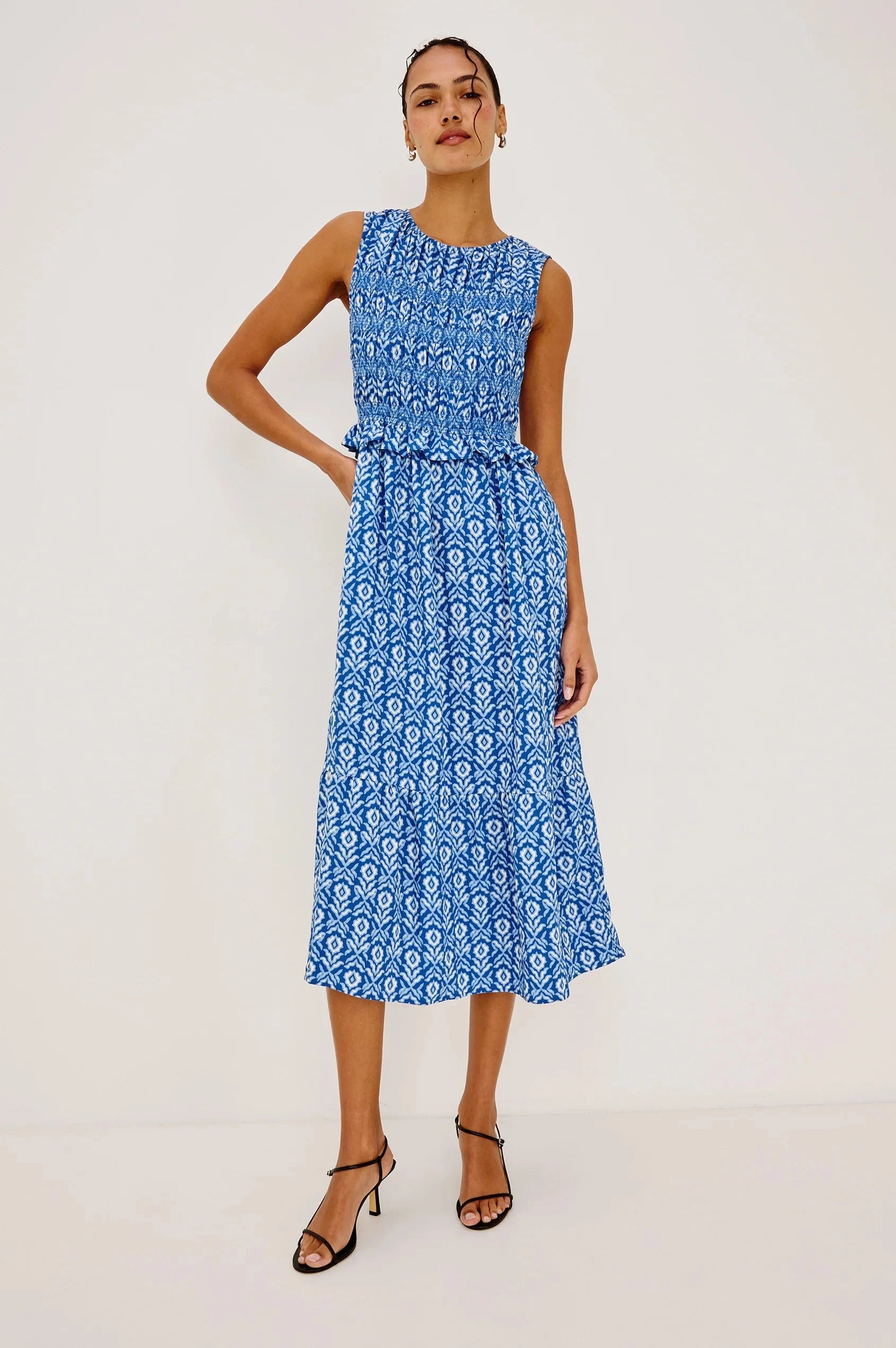 knee length dresses for ladies Ikat Print Cotton Midi Dress in Blue – Sukriti Store main image 1