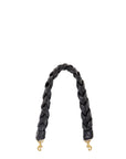 Black braided leather strap with gold hardware on a white background
