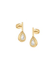 Gold teardrop earrings with clear gemstones on a white background