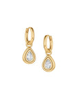 Gold teardrop earrings with clear gemstones on a white background
