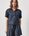 Folded Sleeve Button Down Navy Tops - Button Down Lilla P