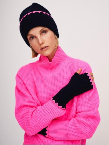 Cashmere Crochet Trim Handwarmer Navy/ Pink Accessories - Gloves White + Warren 
