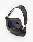 ariel view of the Clare v Moyen Messenger Black Woven Zig Zag opened on a white background