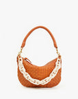 front view of the Clare v Petit Moyen Messenger Natural Woven Checker with white chunky strap on a white background