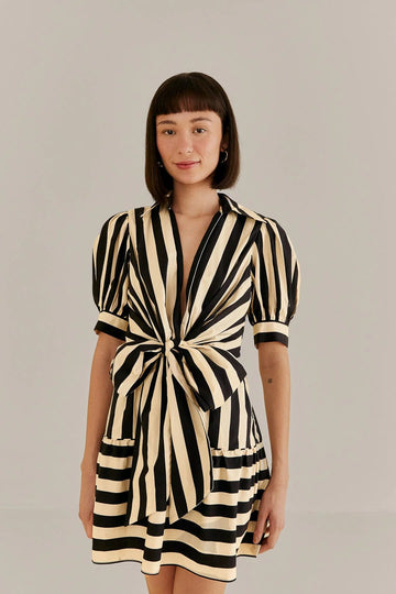 Short Sleeve Mini Dress Mixed Stripes Black Dresses - Short Farm Rio 