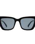 Black cat-eye sunglasses with gray lenses on a light gray background