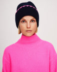 Cashmere Crochet Trim Luxe Ribbed Beanie Navy/ Pink Accessories - Hats White + Warren 