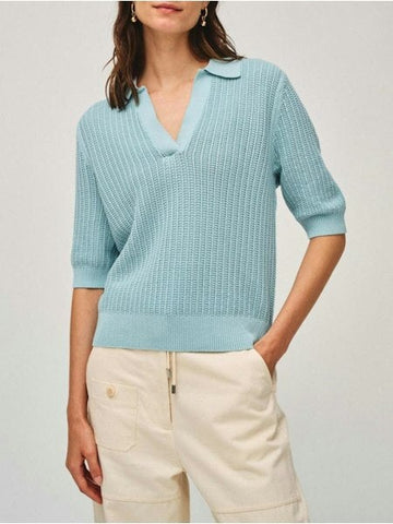 Organic Cotton Cashmere Mesh Polo Top Soft Aqua Sweater - V-Neck White + Warren 