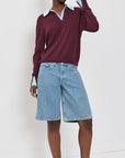 Superfine Merino Layered Polo Black Cherry Light Blue Trim Sweater - V-Neck White + Warren