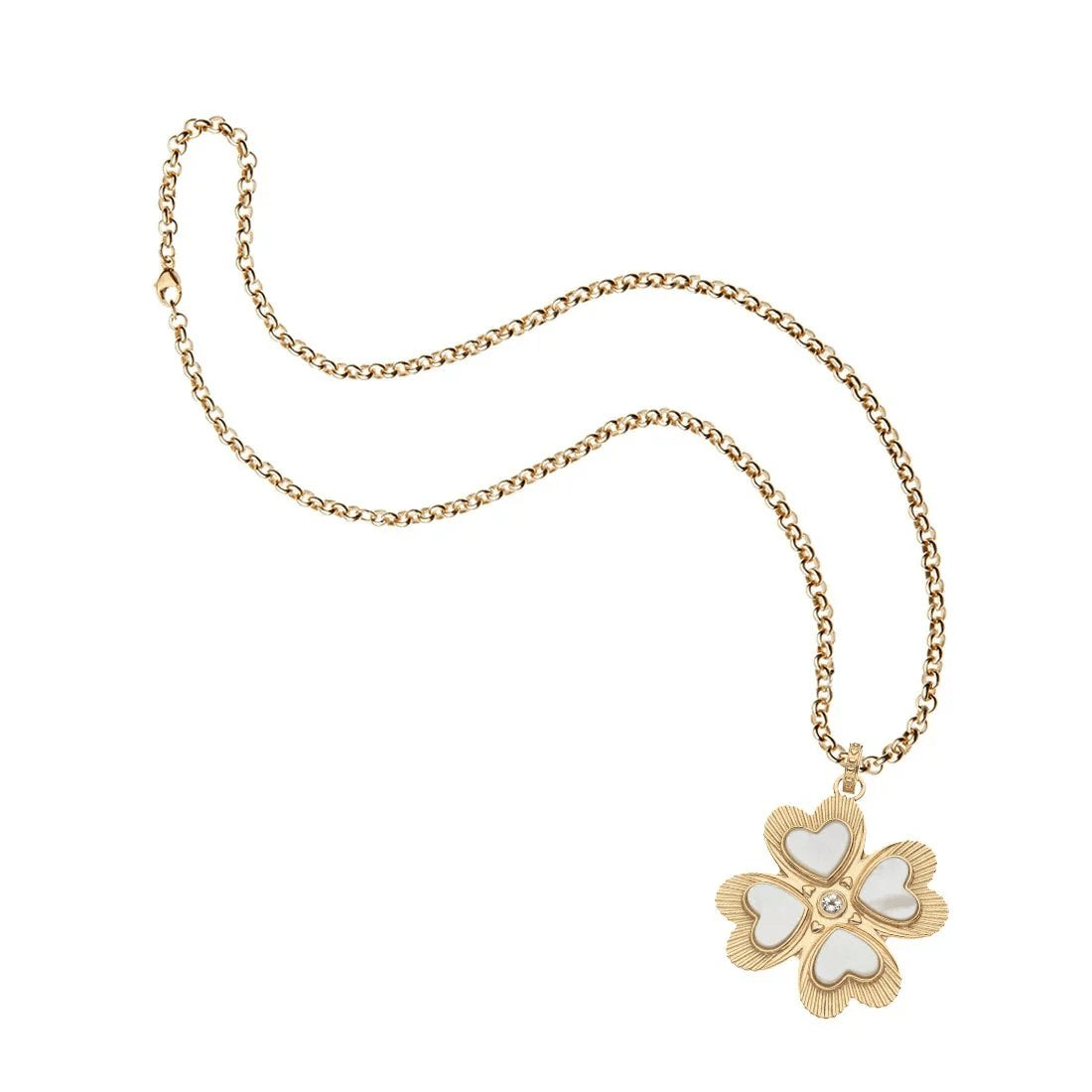 An 18 karat gold, mother-of-pearl four-leaf clover pendant from Kate Win as a gorgeous 