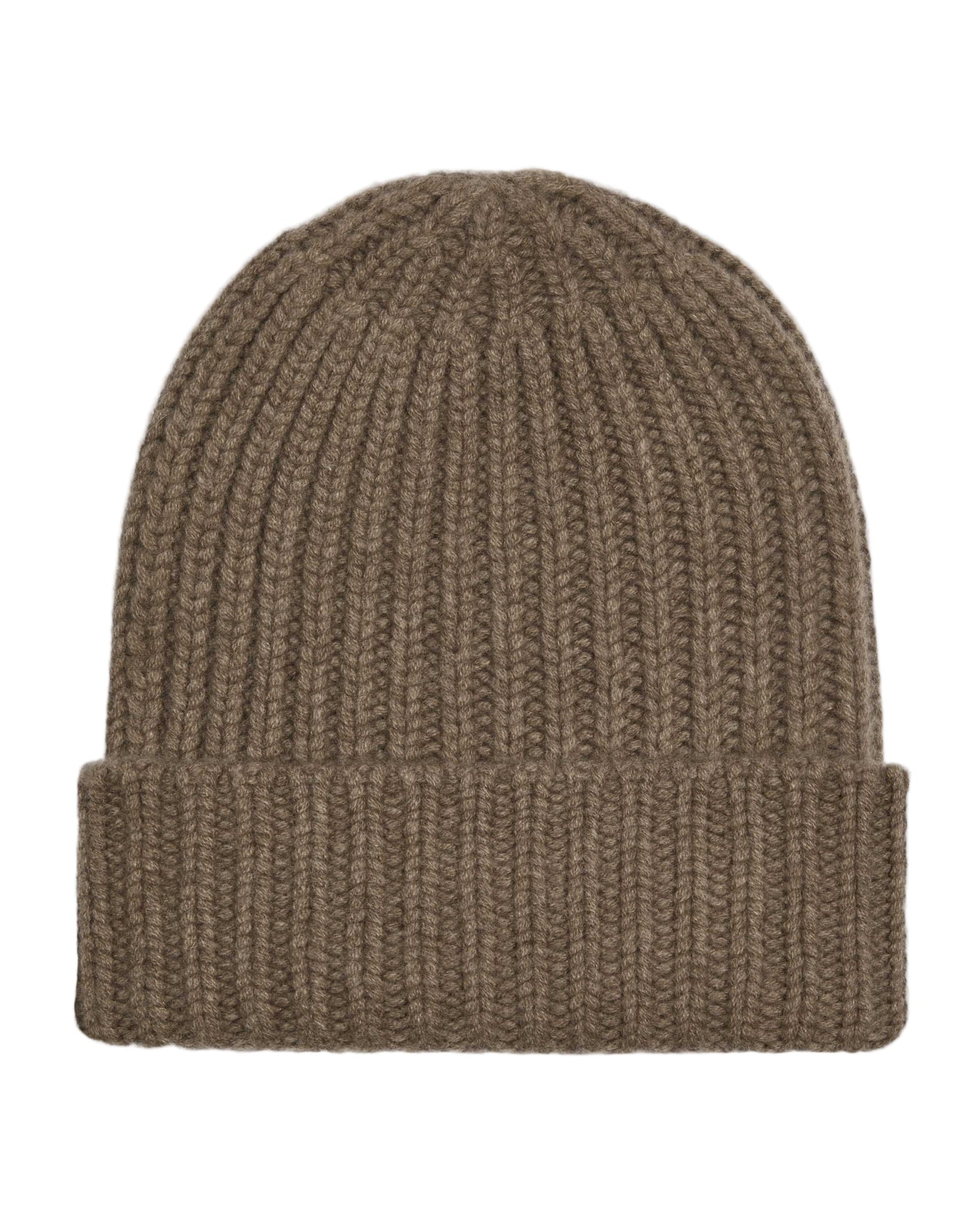 Brown knit beanie on a white background