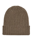 Brown knit beanie on a white background