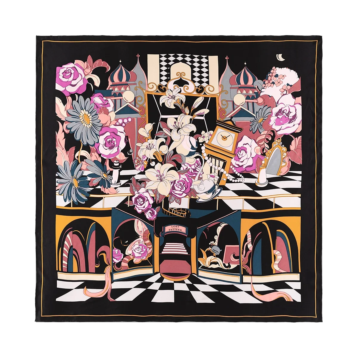 Vintage Blooms Large SIlk Square Scarf Black & Purple Noir Scarves Lost Pattern NYC 