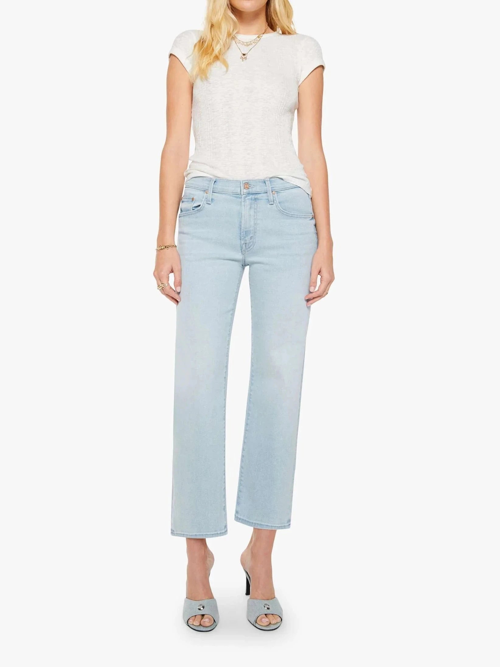 The Mid Rise Rambler Zip Ankle Pretty Please Denim - Straight Mother 