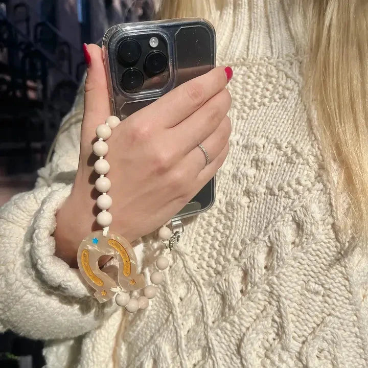 Hand Painted Lucky Horseshoe Gemstone Bracelet Phone Chain Bag Charms Solar Eclipse 