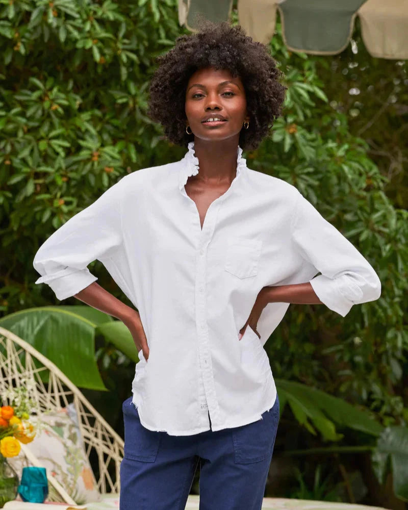 Eileen Ruffle Button Down Shirt White Denim Tops - Button Down Frank & Eileen 