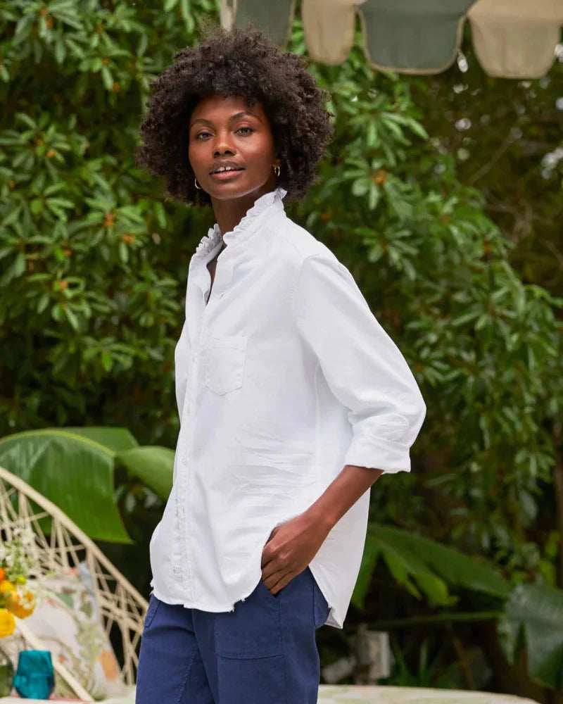 Eileen Ruffle Button Down Shirt White Denim Tops - Button Down Frank & Eileen 