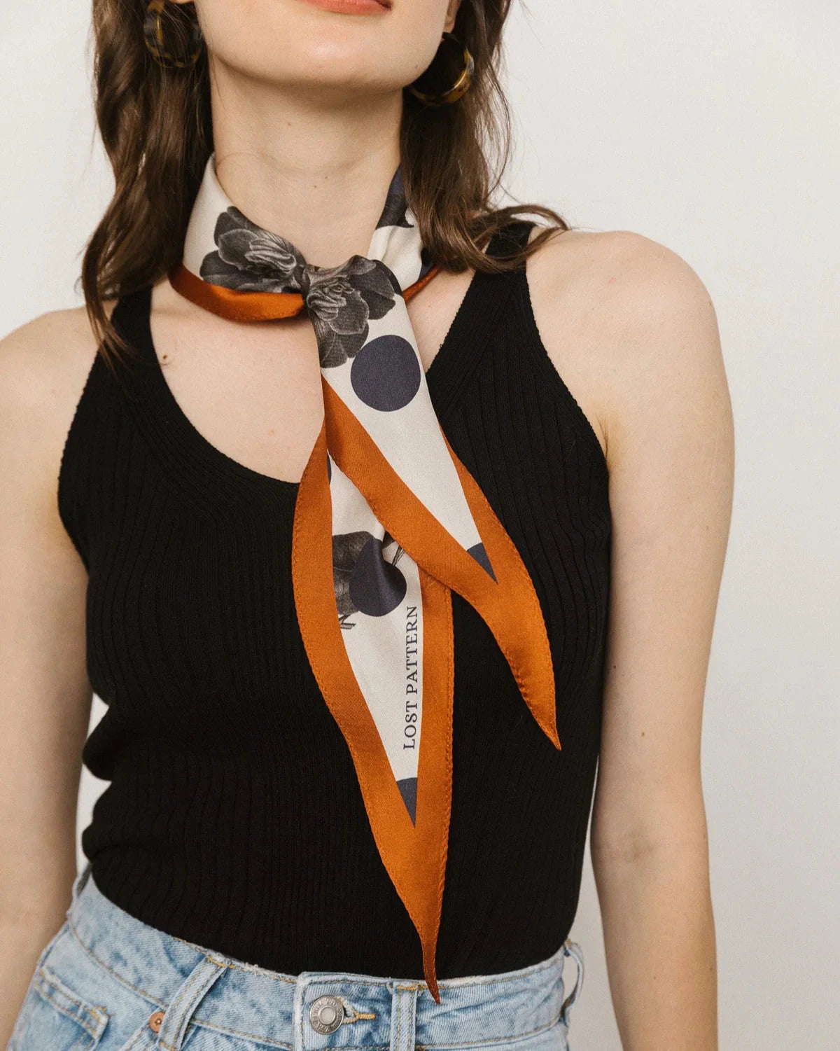 Noir Floral Silk Diamond Neckerchief Caramel Scarves Lost Pattern NYC 