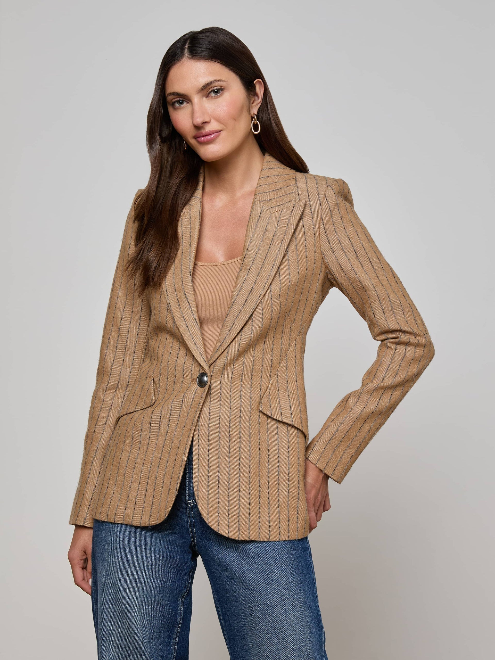 Chamberlain Pinstripe Blazer Tan/Charcoal Jackets - Blazers L'Agence 