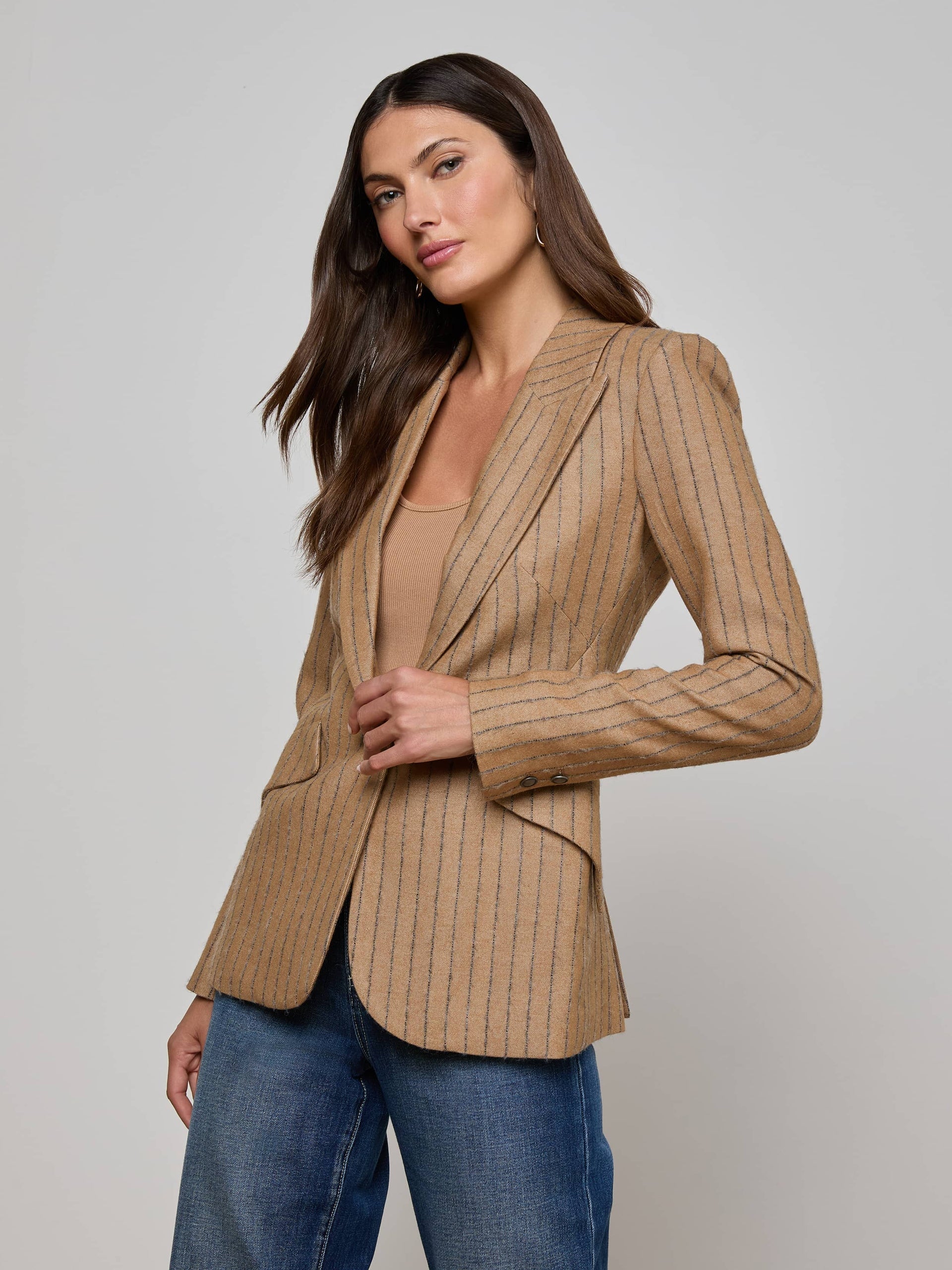 Chamberlain Pinstripe Blazer Tan/Charcoal Jackets - Blazers L'Agence 
