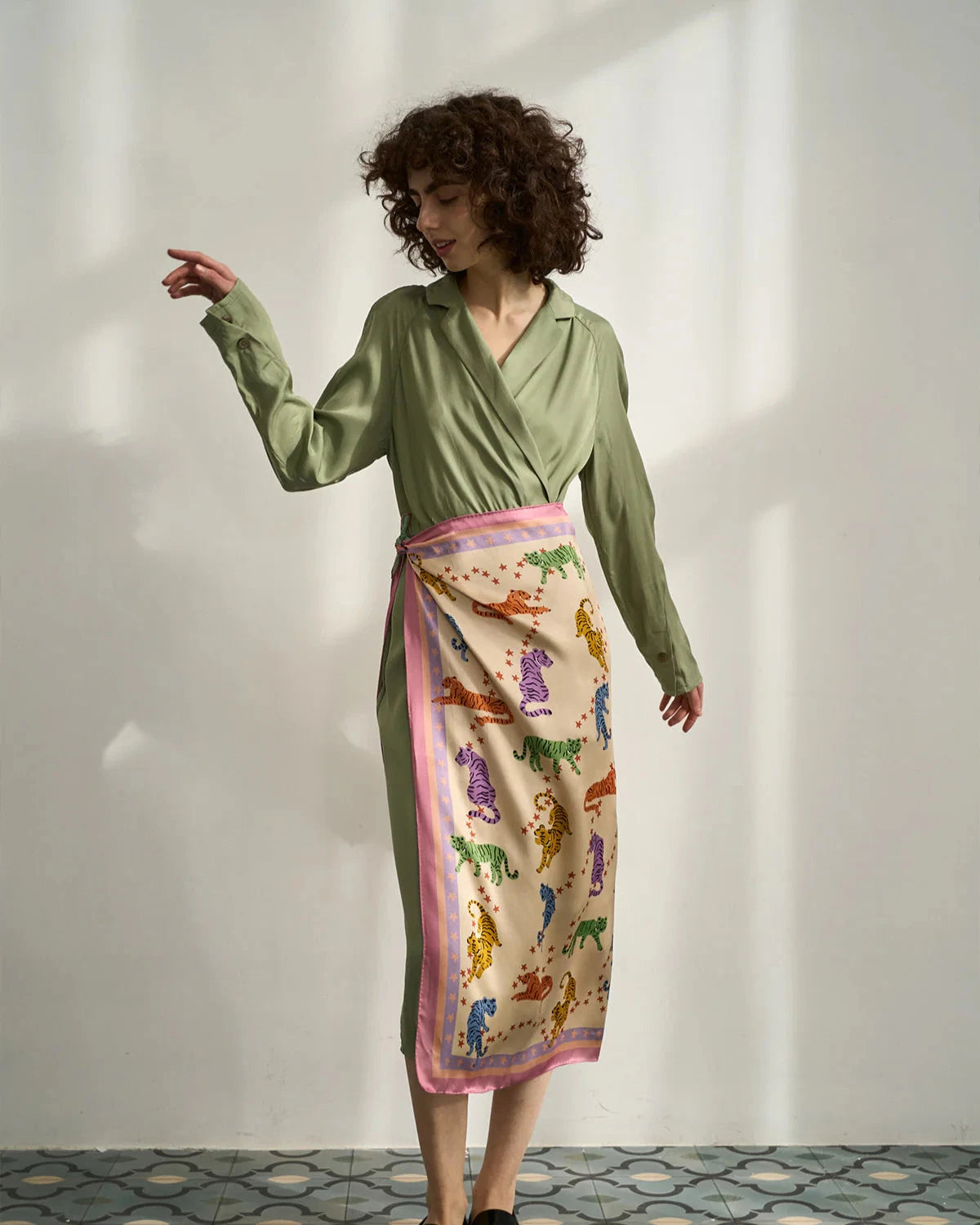 Neon Tigers Large Silk Scarf Pink/Green Scarves Lost Pattern NYC 