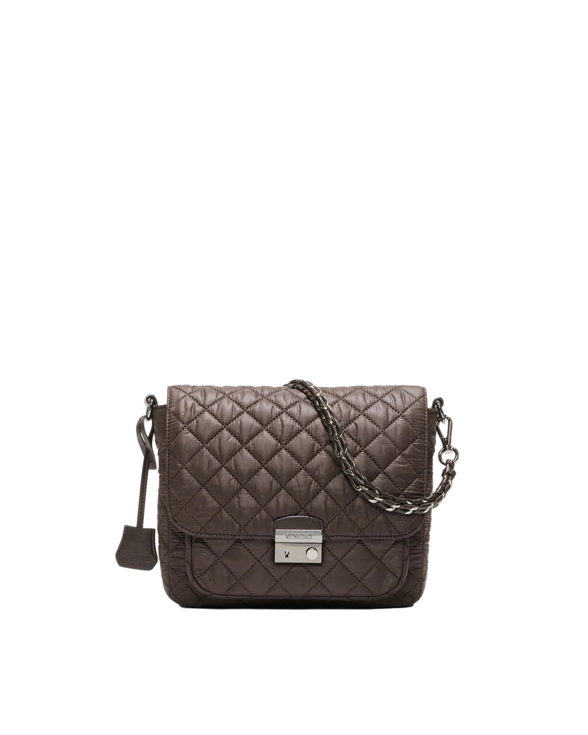 Quilted handbag with a chain detail on a white background