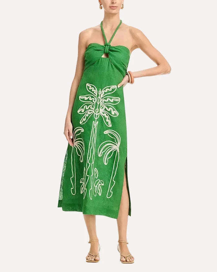 Palm Tree Embroidery Sleeveless Midi Dress Green Dresses - Midi Farm Rio 