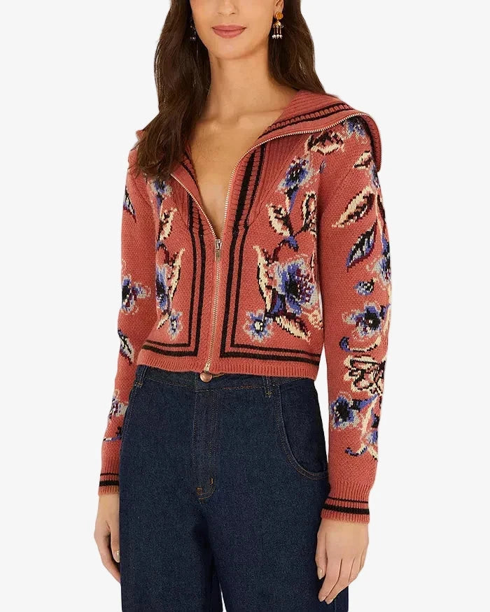 Floral Beauty Tapestry Knit Cardigan Blush Pink Sweater - Cardigans Farm Rio 