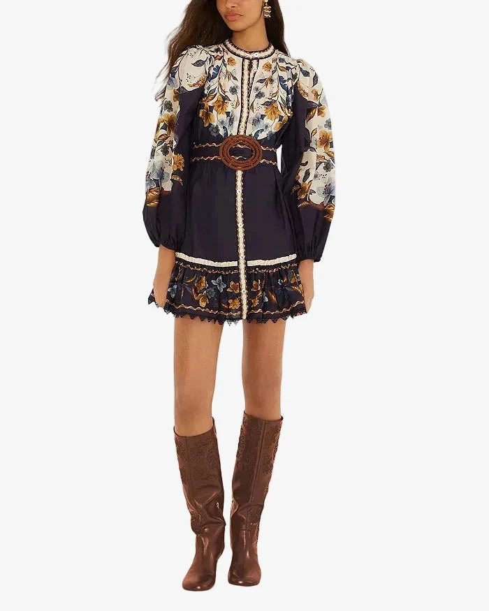 Golden Nature Belted Mini Dress Navy Blue Dresses - Midi Farm Rio 