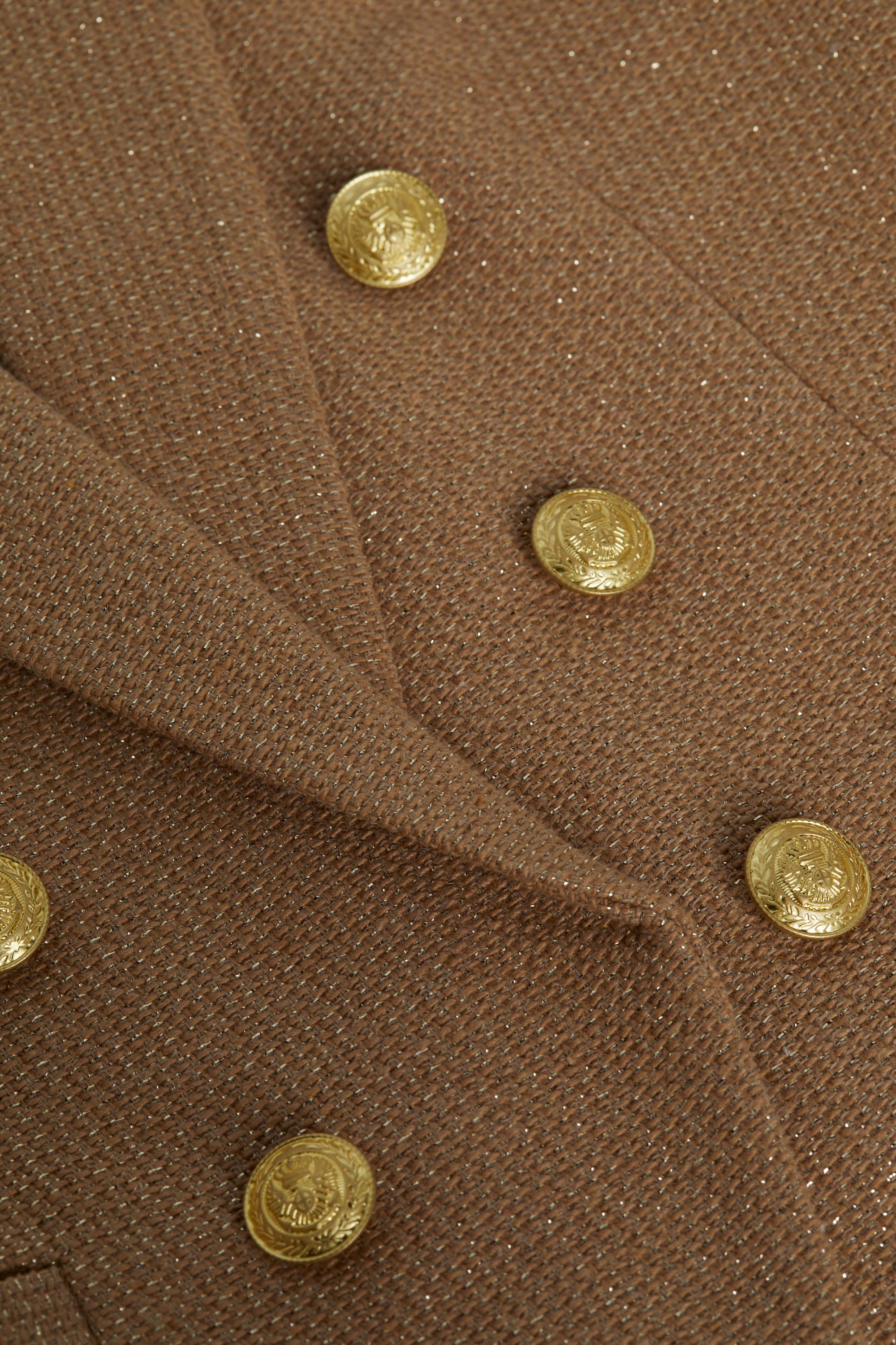 close of up the buttons on the  l'agence Brooke double breasted crop blazer in latte/gold 